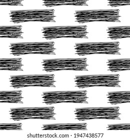 Seamless pattern with black pencil brushstrokes in abstract shapes on white background. Vector illustration