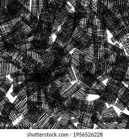 Seamless pattern with black pencil brushstrokes in abstract shapes on white background. Vector illustration