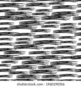 Seamless pattern with black pencil brushstrokes in abstract shapes on white background. Vector illustration