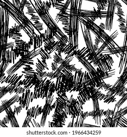 Seamless pattern with black pencil brushstrokes in abstract shapes on white background. Vector illustration