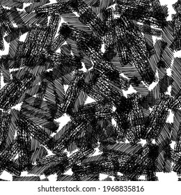 Seamless pattern with black pencil brushstrokes in abstract shapes on white background. Vector illustration