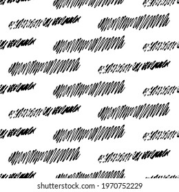 Seamless pattern with black pencil brushstrokes in abstract shapes on white background. Vector illustration