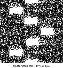Seamless pattern with black pencil brushstrokes in abstract shapes on white background. Vector illustration