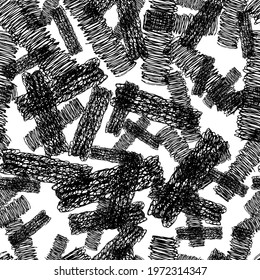Seamless pattern with black pencil brushstrokes in abstract shapes on white background. Vector illustration