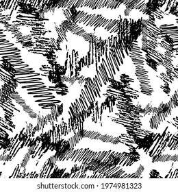 Seamless pattern with black pencil brushstrokes in abstract shapes on white background. Vector illustration