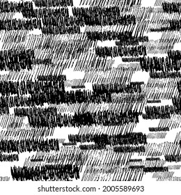 Seamless pattern with black pencil brushstrokes in abstract shapes on white background. Vector illustration