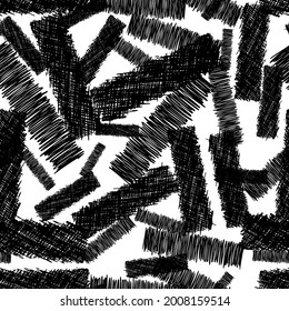 Patrón sin brillo con pinceles de lápiz negro en formas abstractas sobre fondo blanco. Ilustración del vector
