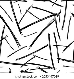 Seamless pattern with black pencil brushstrokes in abstract shapes on white background. Vector illustration