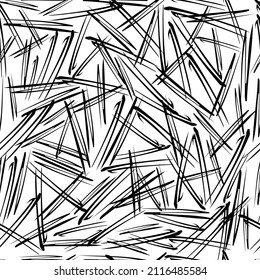 Seamless pattern with black pencil brushstrokes in abstract shapes on white background. Vector illustration