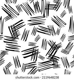 Seamless pattern with black pencil brushstrokes in abstract shapes on white background. Vector illustration