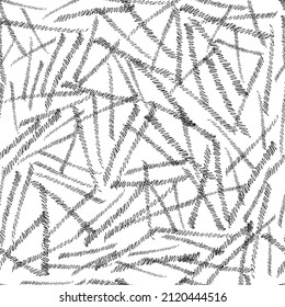 Seamless pattern with black pencil brushstrokes in abstract shapes on white background. Vector illustration