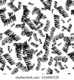Seamless pattern with black pencil brushstrokes in abstract shapes on white background. Vector illustration