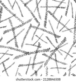 Seamless pattern with black pencil brushstrokes in abstract shapes on white background. Vector illustration