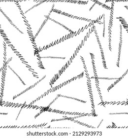 Nahtloses Muster mit schwarzen Pinselstrichen in abstrakten Formen auf weißem Hintergrund. Vektorgrafik