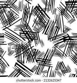 Seamless pattern with black pencil brushstrokes in abstract shapes on white background. Vector illustration