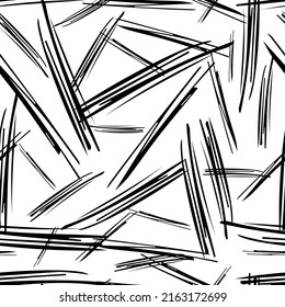 Seamless pattern with black pencil brushstrokes in abstract shapes on white background. Vector illustration