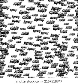 Seamless pattern with black pencil brushstrokes in abstract shapes on white background. Vector illustration