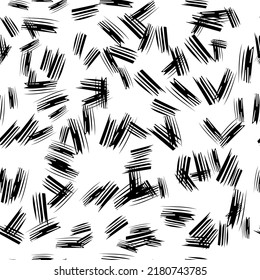 Seamless pattern with black pencil brushstrokes in abstract shapes on white background. Vector illustration
