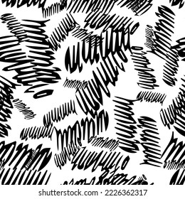Seamless pattern with black pencil brushstrokes in abstract shapes on white background. Vector illustration