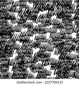 Seamless pattern with black pencil brushstrokes in abstract shapes on white background. Vector illustration