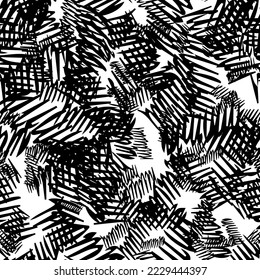 Seamless pattern with black pencil brushstrokes in abstract shapes on white background. Vector illustration