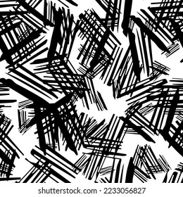 Seamless pattern with black pencil brushstrokes in abstract shapes on white background. Vector illustration
