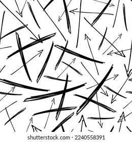 Seamless pattern with black pencil brushstrokes in abstract shapes on white background. Vector illustration