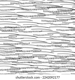 Seamless pattern with black pencil brushstrokes in abstract shapes on white background. Vector illustration