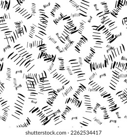Seamless pattern with black pencil brushstrokes in abstract shapes on white background. Vector illustration