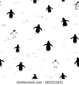 Seamless pattern with black penguins silhouettes isolated on white. Vector illustration.