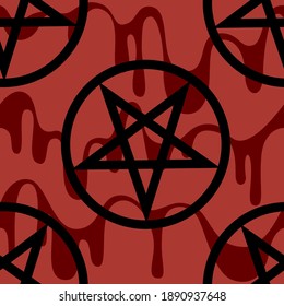 Seamless Pattern With Black 
Pentagram On On A Bloody Red Background, Gothic Or Satanic Ornament