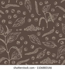 Seamless pattern with black pepper: plant, pepper and leaves. Vector hand drawn illustration. 