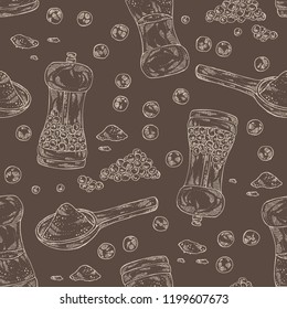 Seamless pattern with black pepper and sea salt. Mill with pepper and salt shaker. Vector hand drawn illustration. 