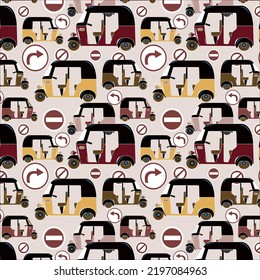 Seamless pattern of black, Persian plum, sunray, pullman brown UPS brown, brandy, Tuscany color auto rickshaw with brandy color sign board on timberwolf  background. textile design, wallpaper.