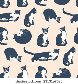 Seamless pattern with black photorealistic cats . Vector illustration