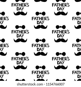 Seamless pattern with black phrases Father's day, mustache and bow tie on the white background . Vector illustration