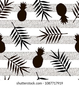 Seamless pattern with black pineapples and tropical leaves. Vector illustration
