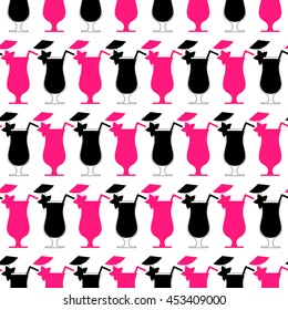 Seamless pattern, black and pink cocktail glasses on white background. Summer drinks silhouettes with straw, umbrella and carambola.