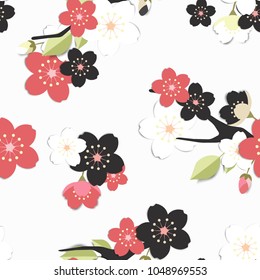 Seamless pattern, black, pink and white sakura flowers on grey background, paper art/paper cutting style