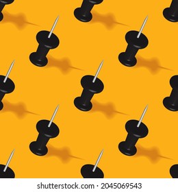Seamless pattern of black pins are pointed and sharp standing upright on yellow background, same size and height, Creative vector texture graphic art, push pins, sharp objects, Simple design concept.