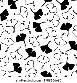 Seamless pattern with black plants, ginkgo biloba. Vector illustration.