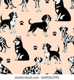 Seamless pattern with black poodle dog silhouettes on a beige pink background in minimal cartoon style