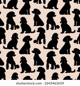 Seamless pattern with black poodle dog silhouettes on a beige pink background in minimal cartoon style