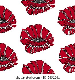 Seamless pattern of black poppy  with red spots.Isolated on white, vector seamless background. Ideal for textile,wallpapers and  for printing.
