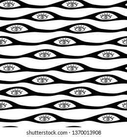 Seamless pattern with black psychedelic eyes on white background