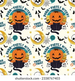 Seamless pattern with black pumpkin head cat and friends. It can be used for textile, wallpaper, wrapping
