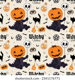Seamless pattern with black pumpkin head dinosaur and friends. It can be used for textile, wallpaper, wrapping