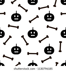 Seamless pattern with black pumpkins and bones on the white background. Vector illustration