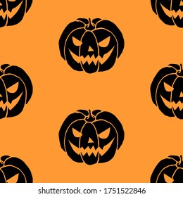 Seamless pattern with black Pumpkins isolated on orange background. Halloween vector texture