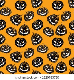 Seamless pattern with black Pumpkins isolated on orange background. Halloween vector texture
